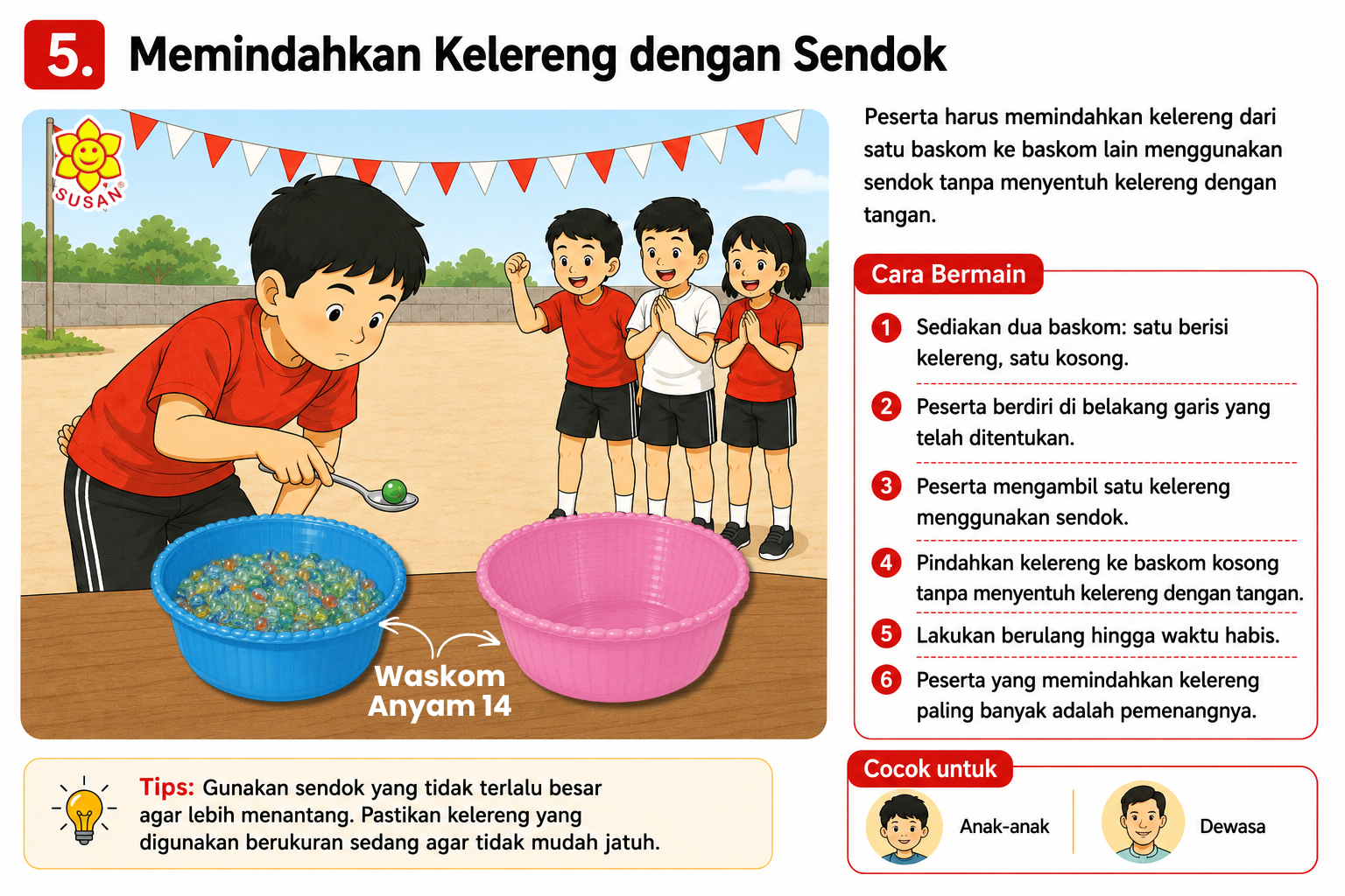 Memindahkan Kelereng dengan Sendok dengan baskom
